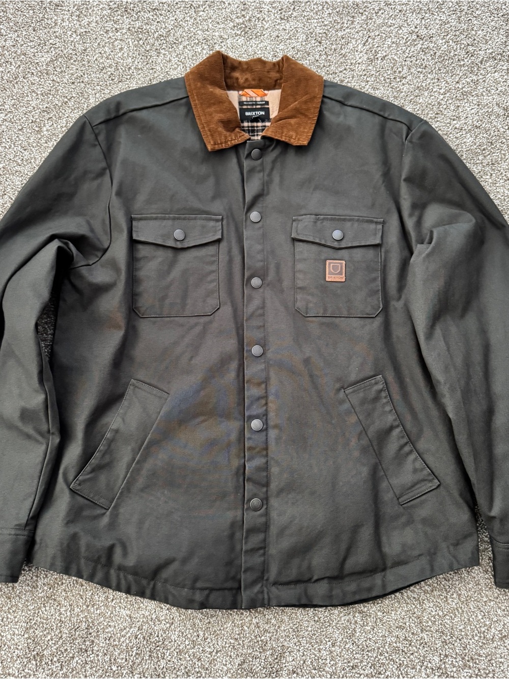 Brixton Dark Olive Snap-Front Shirt Jacket with Brown Cord Collar